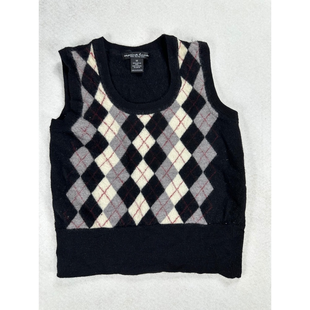 Marina Luna Kids Black Argyle 100% Merino Wool Sweater Vest Size M Preppy Scoop